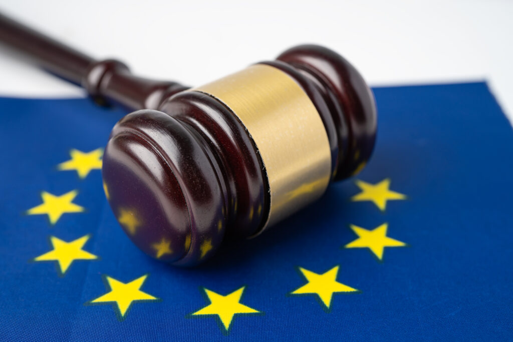 EU flag country with gavel for judge lawyer. Law and justice cou