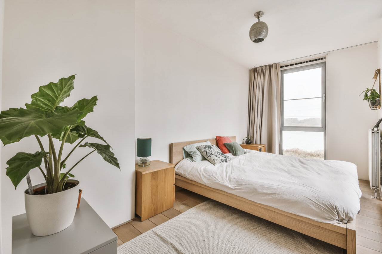 Dormitorio luminoso con cama y plantas decorativas